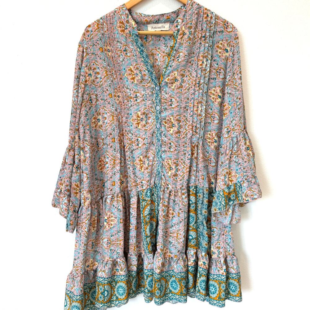 Antonella Boutique Boho Floral Bell Sleeve Pintucked Shirt Dress- One Size